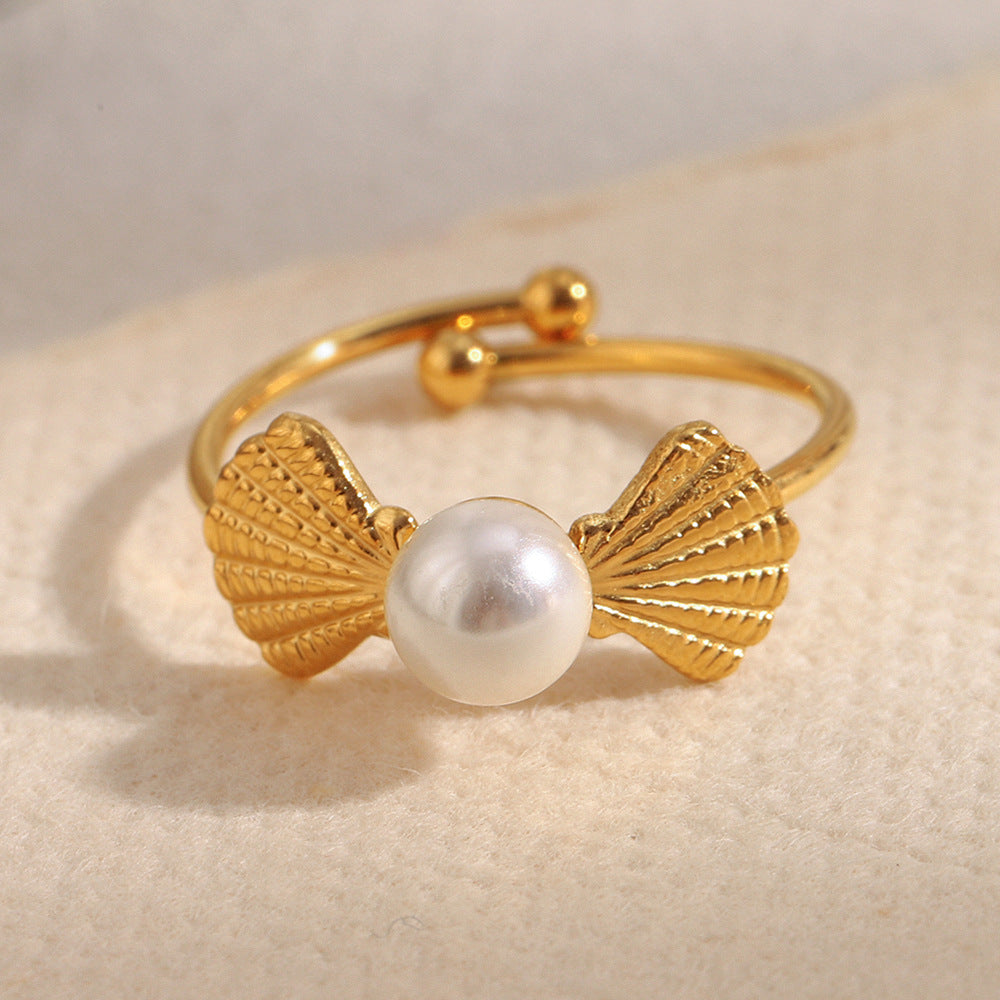 Retro French-Inspired Minimalist Geometric Stainless Steel Plated 18K Gold Open Ring for Women with Pearl-Like Finish