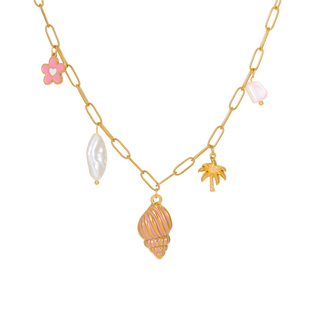 Collar de múltiples colgantes con diseño de concha, perla y palmera, a la moda, con temática oceánica, de acero inoxidable y acabado chapado para mujer