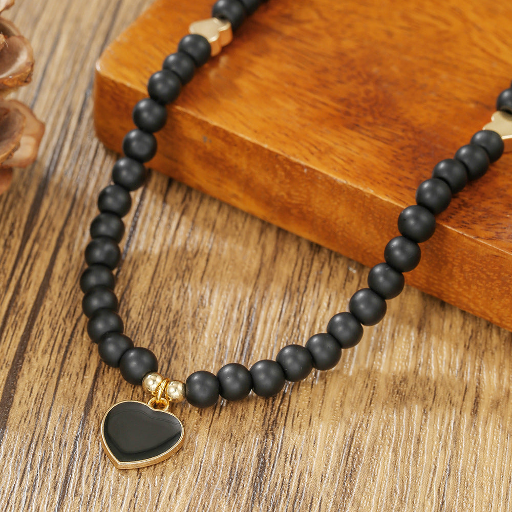 Minimalist Geometric Heart Drip Oil Alloy Necklace with Black Agate Beads for Women