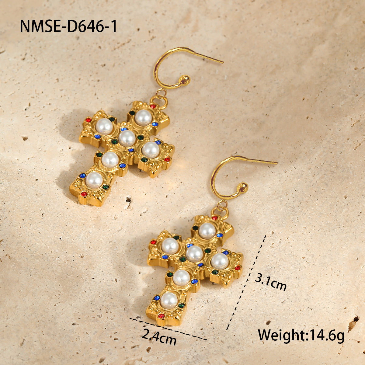 Collar con colgante de cruz de moda en acero inoxidable con baño de oro de 18 quilates y incrustaciones de pedrería colorida, diseño geométrico para mujer