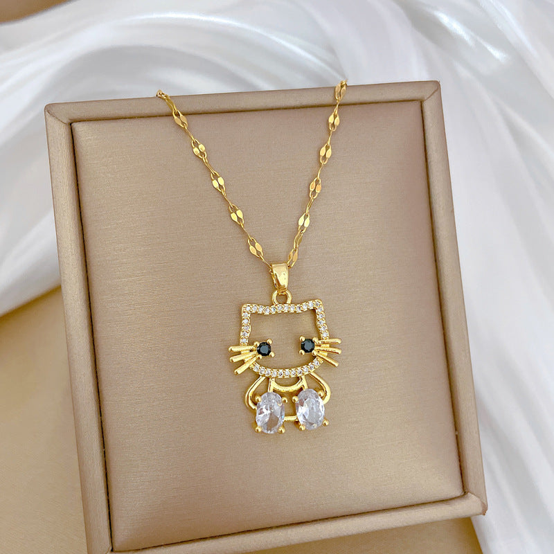 Elegant Titanium Steel Hollow Cat Pendant Necklace for Women with Rhinestone Inlay, Geometric Design, Delicate Clavicle Chain