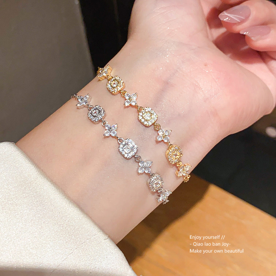 Vintage Elegant 18K Gold Plated Brass Floral Rhinestone Bracelet for Women