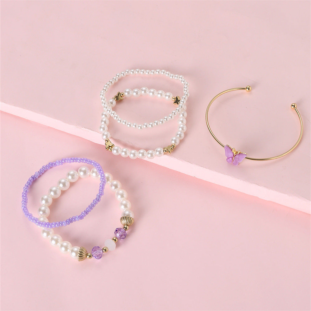 Set di braccialetti in resina a forma di farfalla, in stile minimalista, per bambini con accenti di perle, collezione di accessori da polso freschi e affascinanti