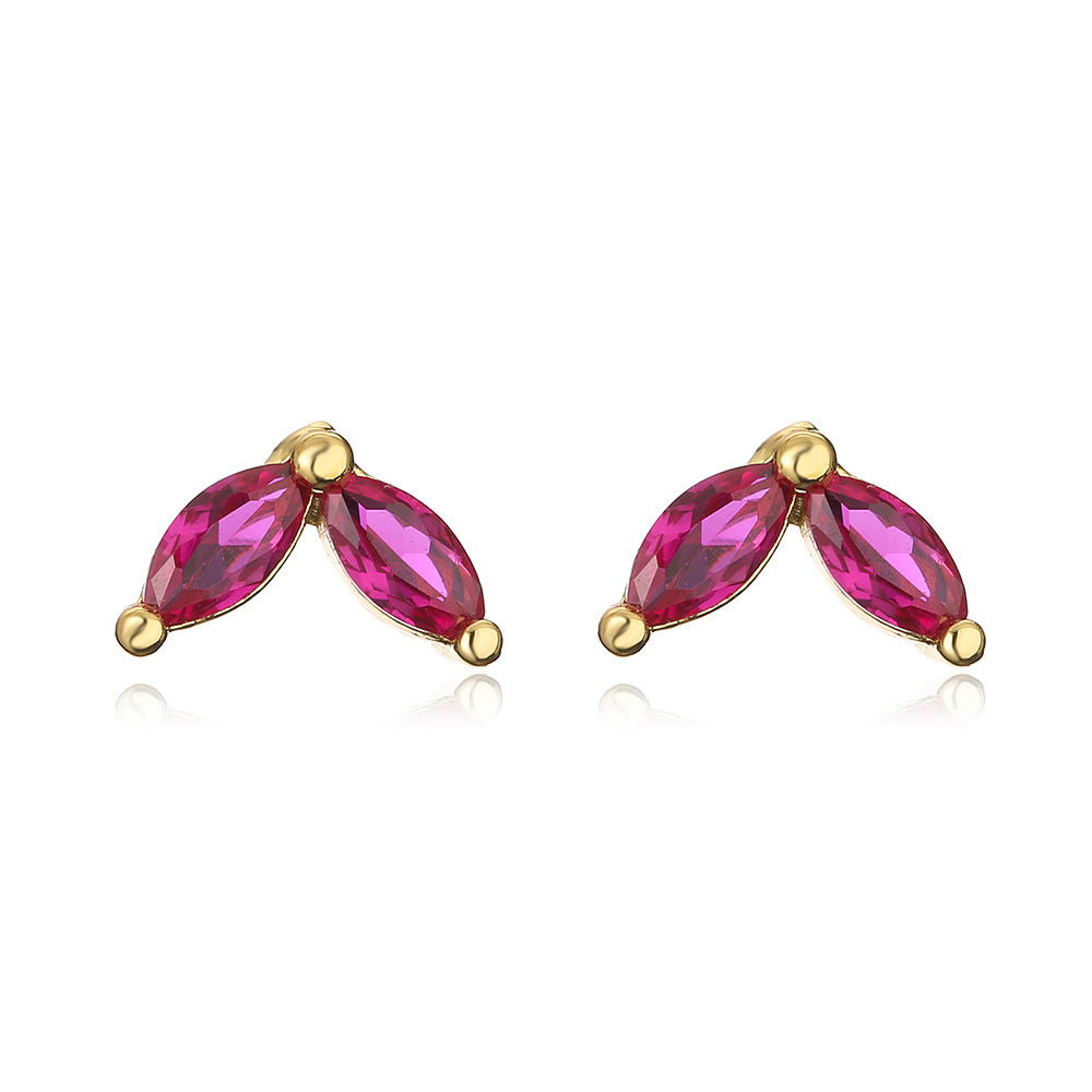 Minimalist 18K Gold Plated Brass Geometric Leaf Stud Earrings with Cubic Zirconia for Women