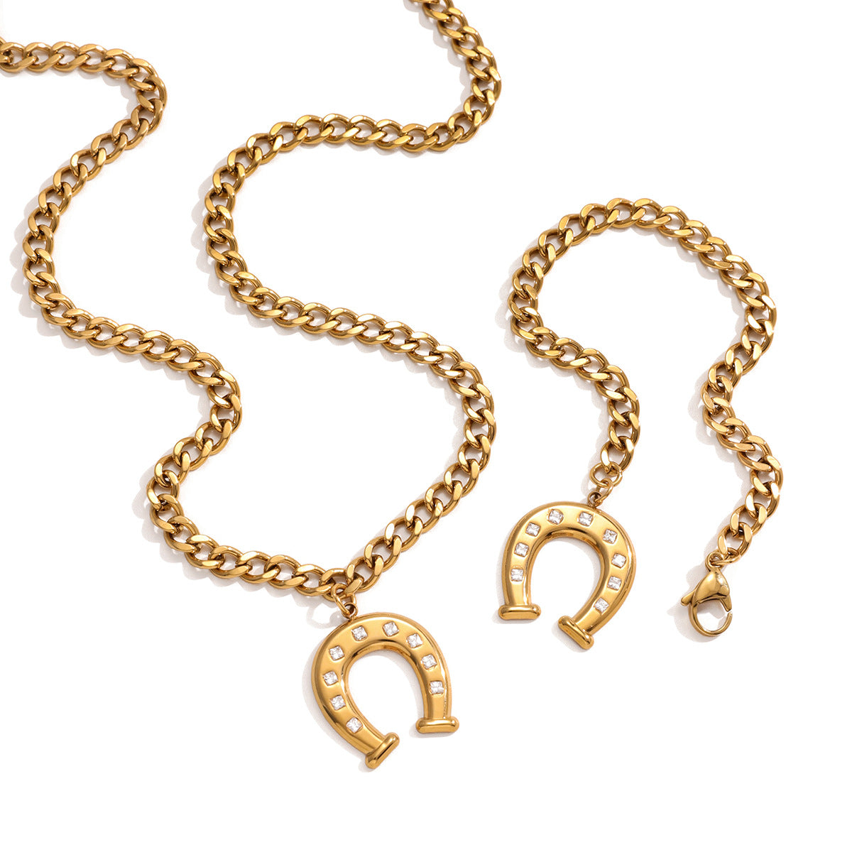 Juego de collar de acero de titanio en forma de U minimalista con diamantes de imitación y pulsera de acero inoxidable para mujer con acabado chapado