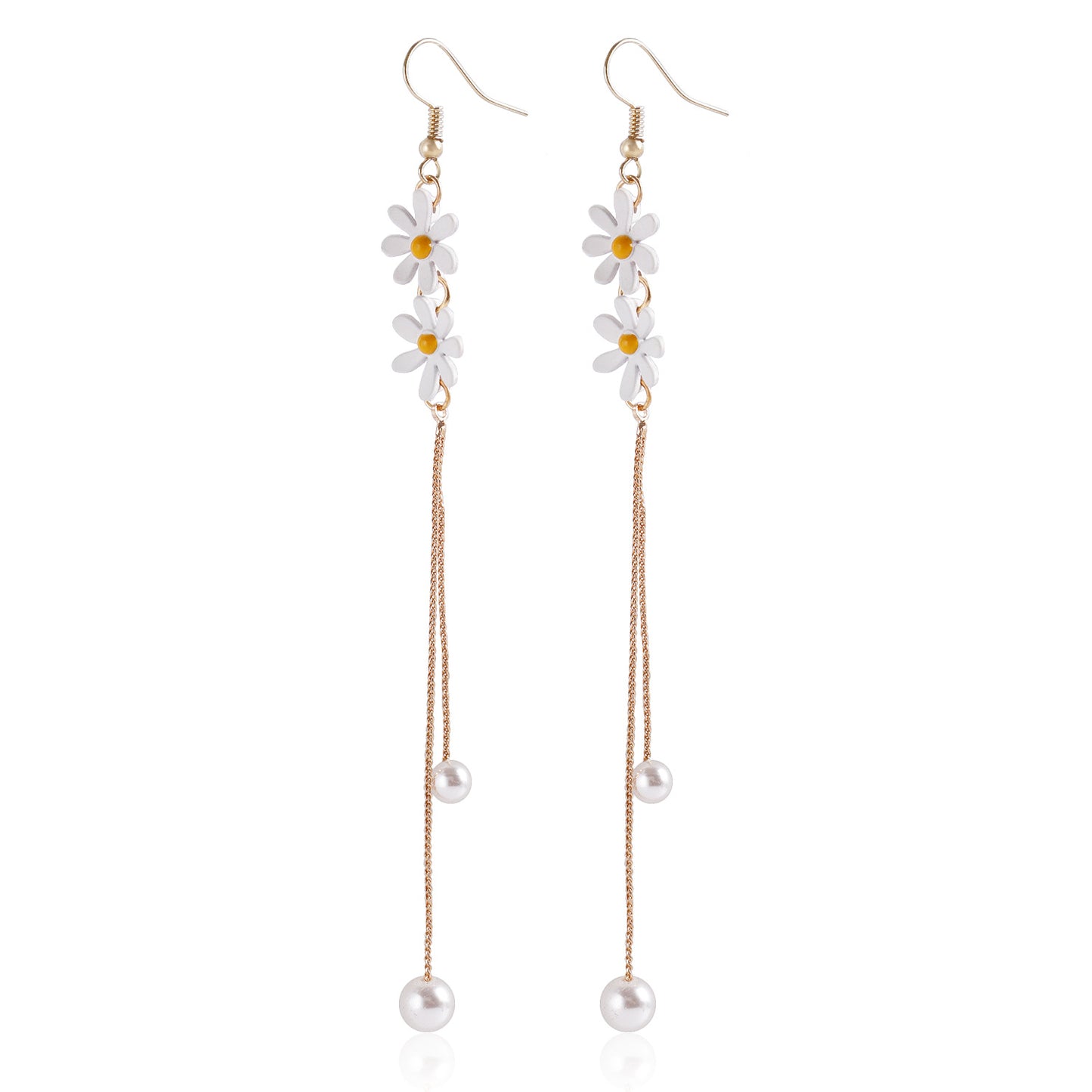 Minimalist Long Bar-Style Alloy Earrings with Pearl-Like Finish, Vintage-Inspired Daisy Flower and Moon Motif, Tassel Accents, for Women