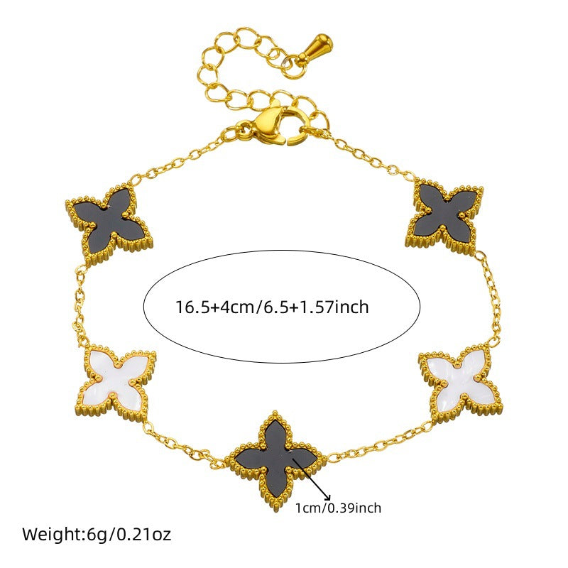 Minimalist Reversible Black and White Four-Leaf Flower Stainless Steel Plated Necklace and Bracelet Set for Women
