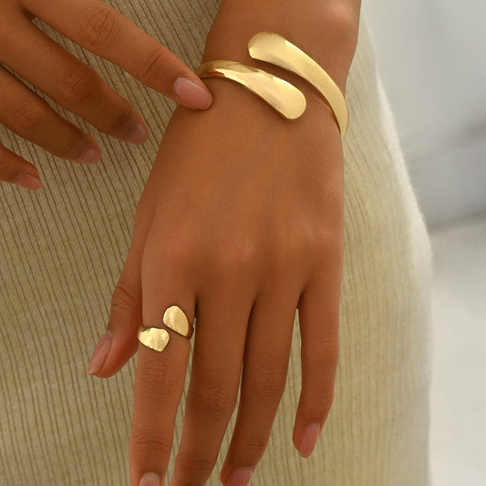 Minimalist Geometric Polished Alloy Bracelet and Ring Set with Adjustable Open Cuff Design for Women