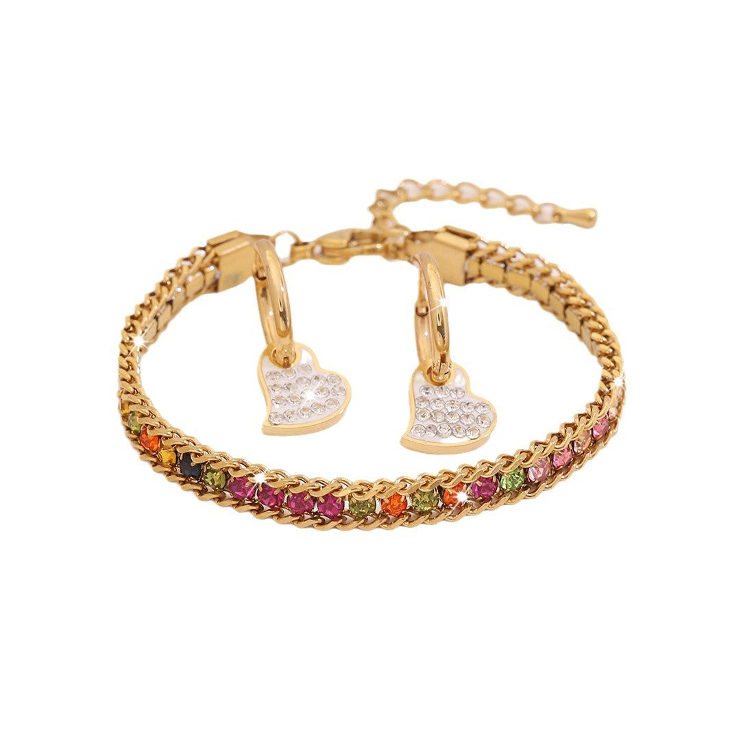 Fashionable OL Style Heart-Shaped Rhinestone-Embellished Stainless Steel Bracelet Set with Plating Finish