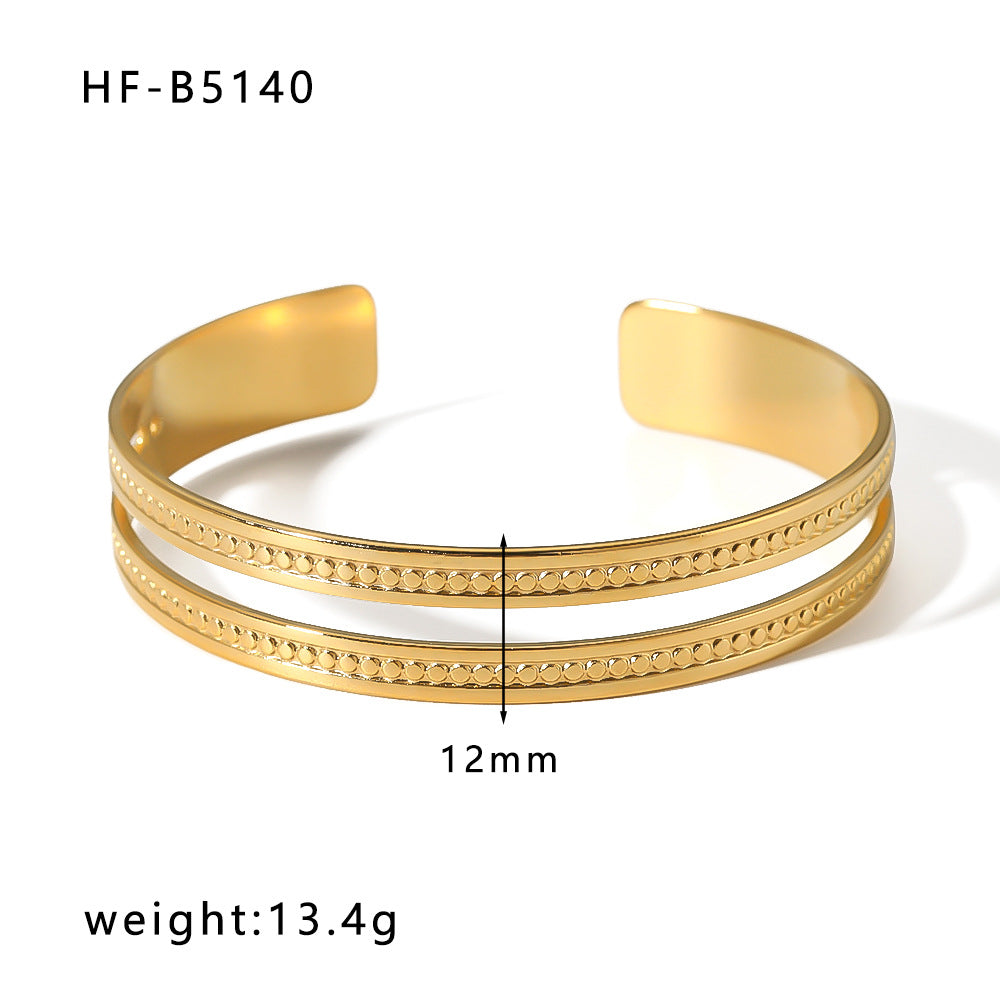Adjustable Open Bangle Bracelet for Women in Stainless Steel with 18K Gold Plating, Hollow-Out Design, Textured Chain and Irregular Woven Pattern