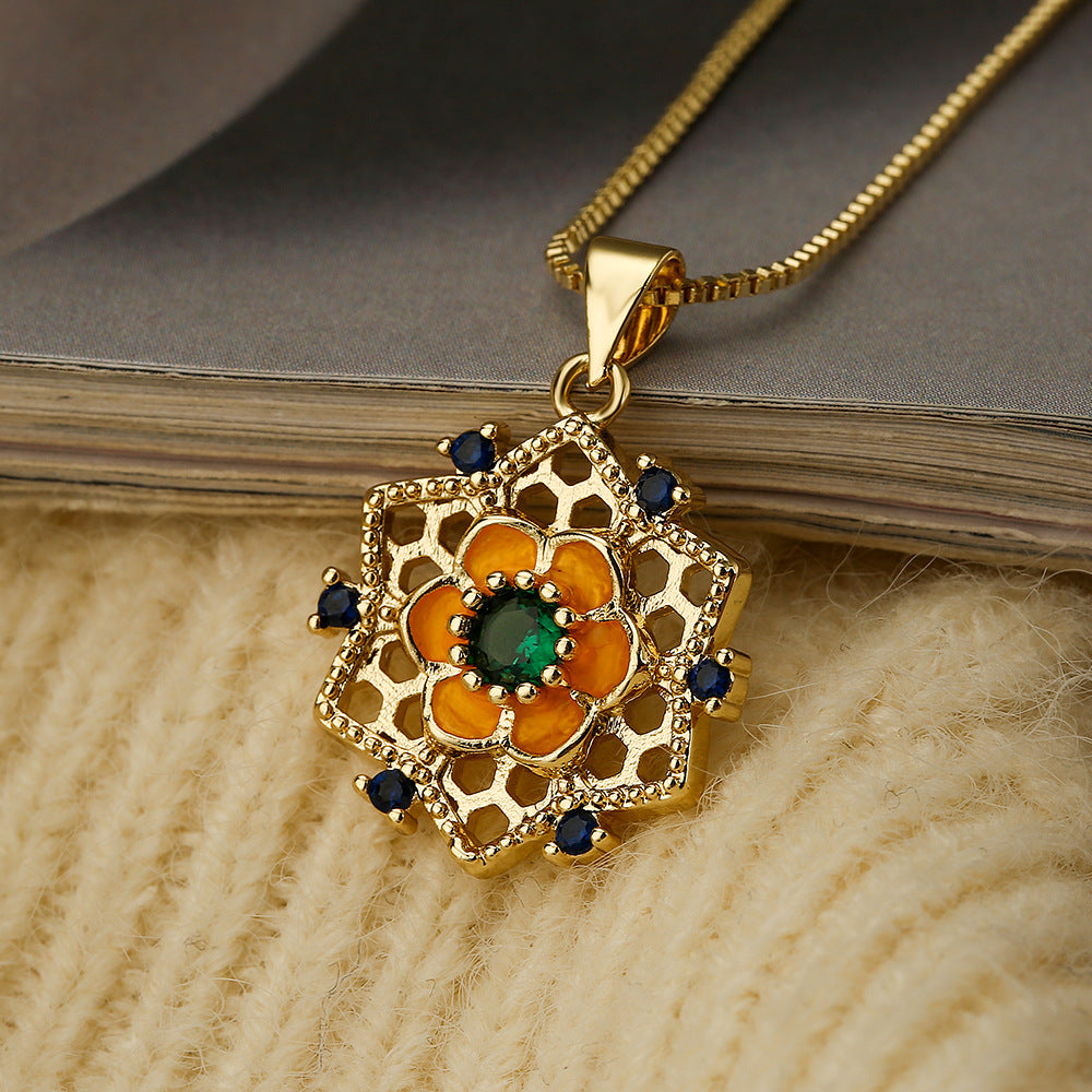 Minimalist Sunflower Pendant Necklace for Women in Copper with Geometric Design and Floral Motif