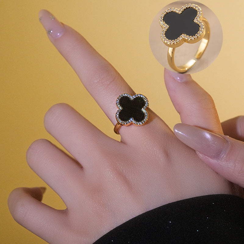 Minimalist Four-Leaf Clover Ring for Women in Copper with 18K Gold Plating and Micro-Pave Zirconia
