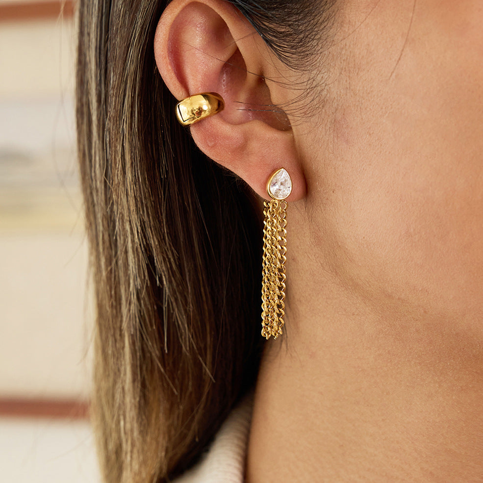Pendientes de Acero Inoxidable Geométricos con Colgante de Borla e Incrustaciones de Circonita, Chapado en Oro al Vacío PVD, Joyería de Oreja de Moda de Lujo Ligera para Mujer