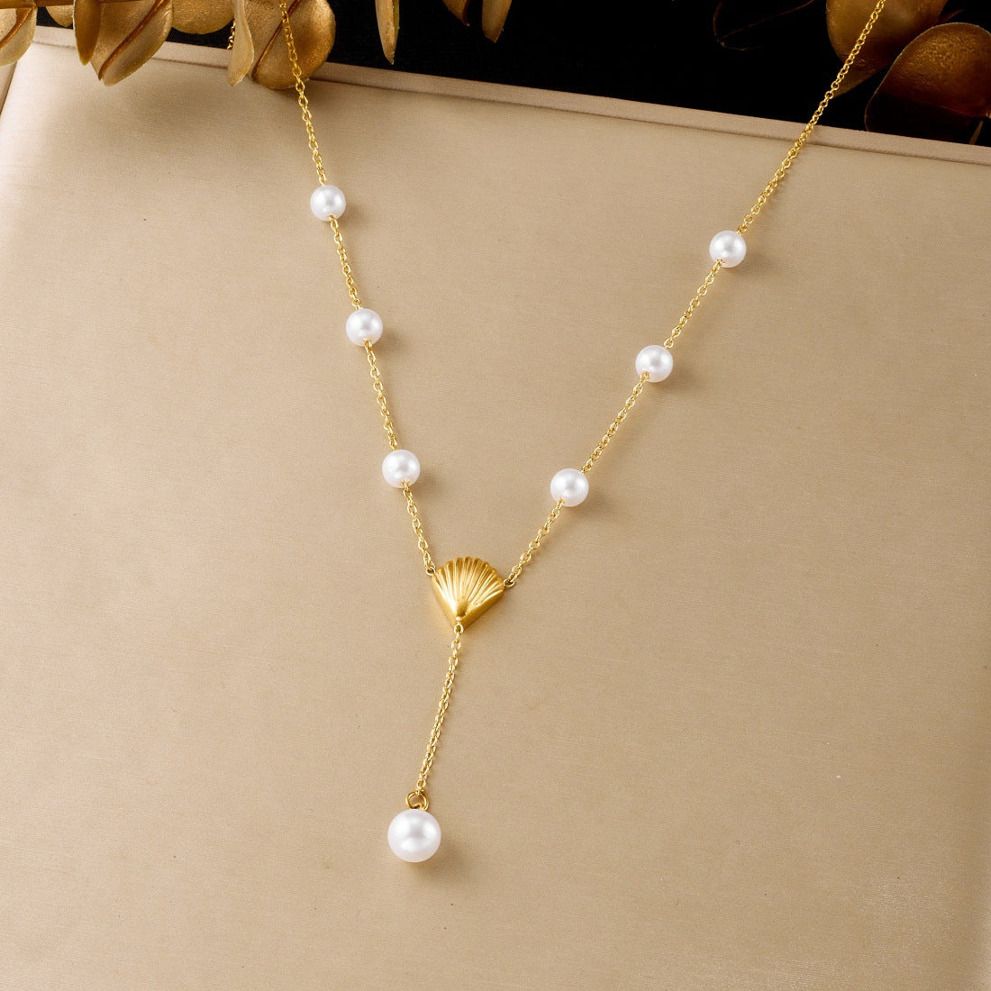 Elegant Gold Plated Stainless Steel Y-Chain Necklace with Seashell Pendant and Pearl Accent for Women