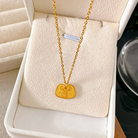 Gold Plated Titanium Steel Geometric Lock Pendant Necklace