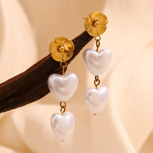Vintage Floral Heart-Shaped Stainless Steel Earrings with 18K Gold Plating and Pearl Accents for Women