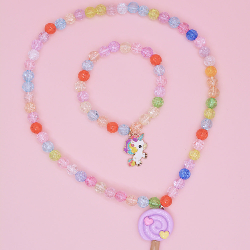 Collana con Pendente Unicorno Cartone Animato per Bambini in Resina con Catena di Perline Rotonde, Set di Gioielli per Bambine in Stile Principessa
