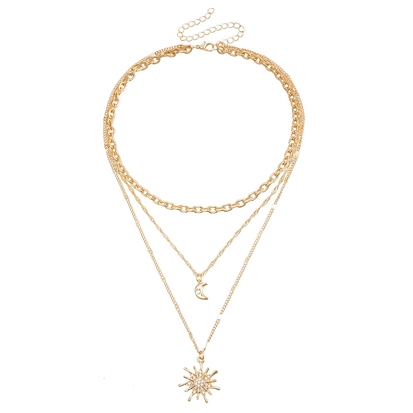 Collar con colgante vintage de estrella y luna geométrica con detalles de pedrería en cadena de medallón de aleación chapada en oro para mujer
