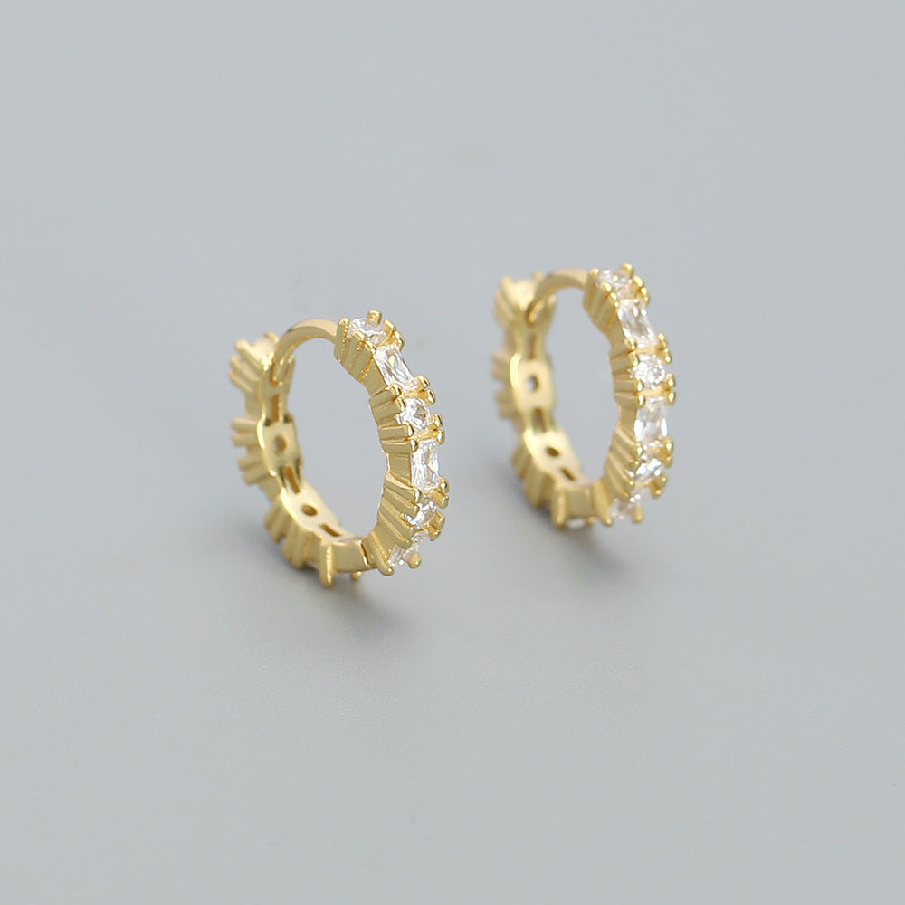 Minimalist Geometric S925 Sterling Silver Hoop Earrings with Rhinestone Inlay for Women and Men
