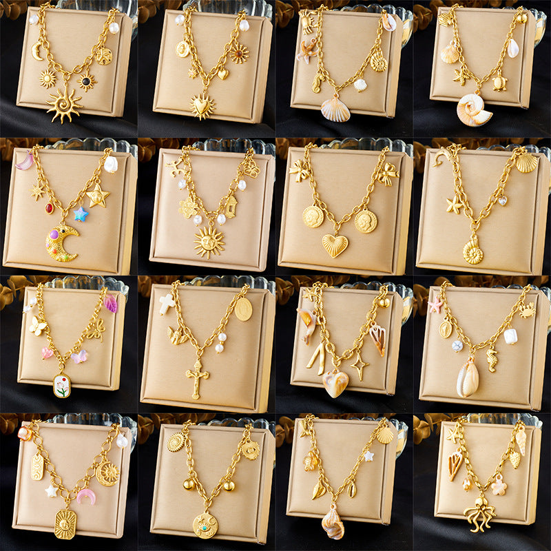 Elegant Stainless Steel Drip Oil Moon Sun Flower Pendant Necklace with Cable Chain for Women