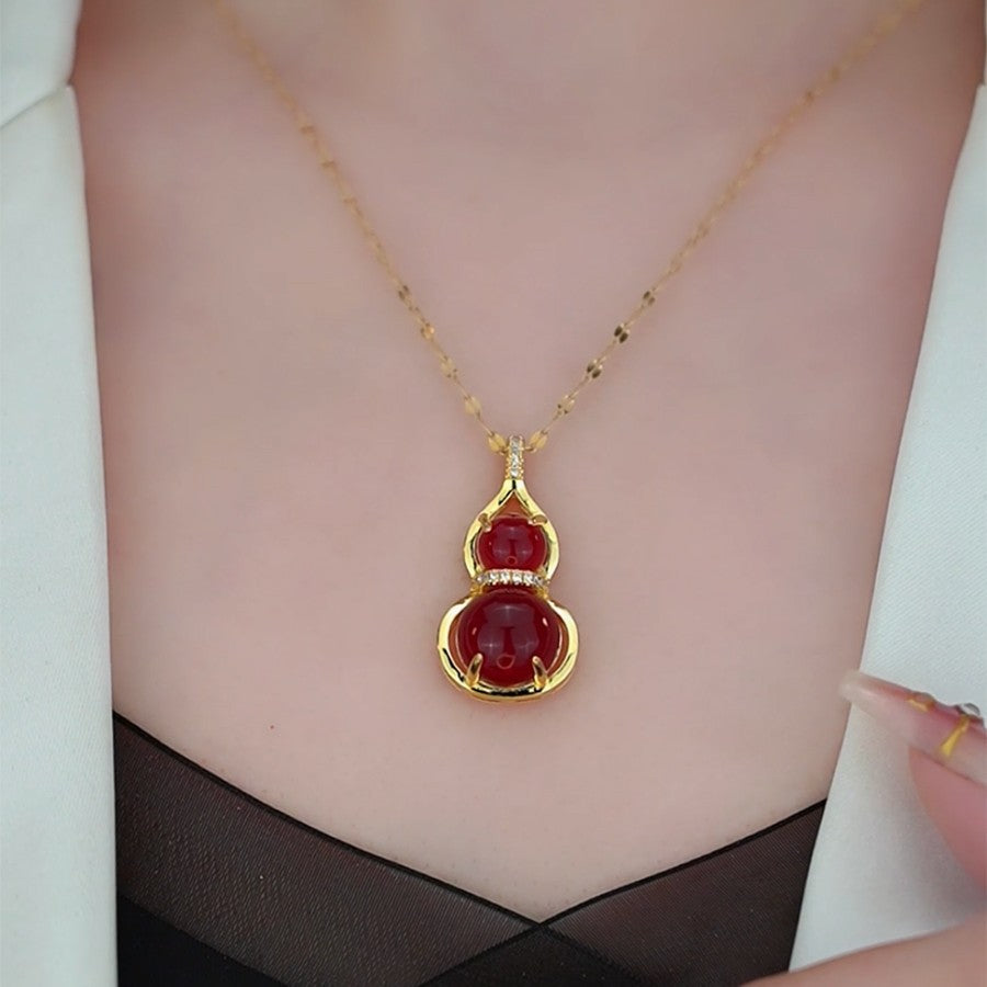 Minimalist Red Calabash-Shaped Titanium Steel Pendant Necklace with Plated Finish for Women