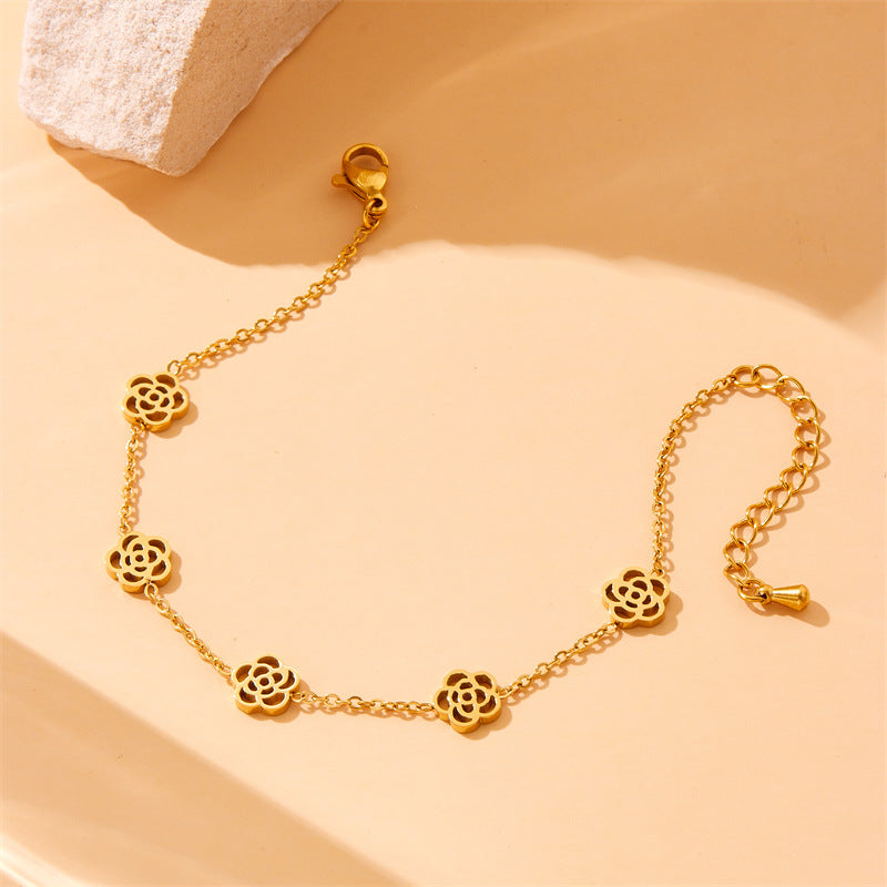 Elegante conjunto de collar, pendientes y pulsera chapados en acero inoxidable con diseño floral de rosa para la oficina