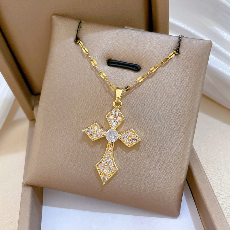 Sweet Full Rhinestone Cross Titanium Steel Necklace Curb Chain Unisex