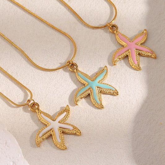 Collar con colgante de estrella de mar de esmalte enchapado en oro de 18 quilates de acero inoxidable de lujo con forma de estrella para mujer