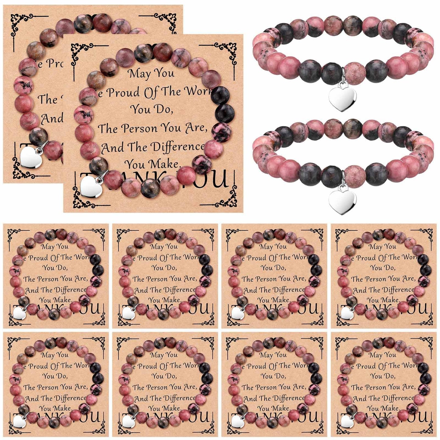 Sweet Natural Pink Zebra Print Crystal Heart Pendant Beaded Bracelet Set Unisex