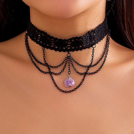 Gothic Sweet-and-Edgy Irregular Stone Choker Necklace for Women with Lace Trim and O-Chain