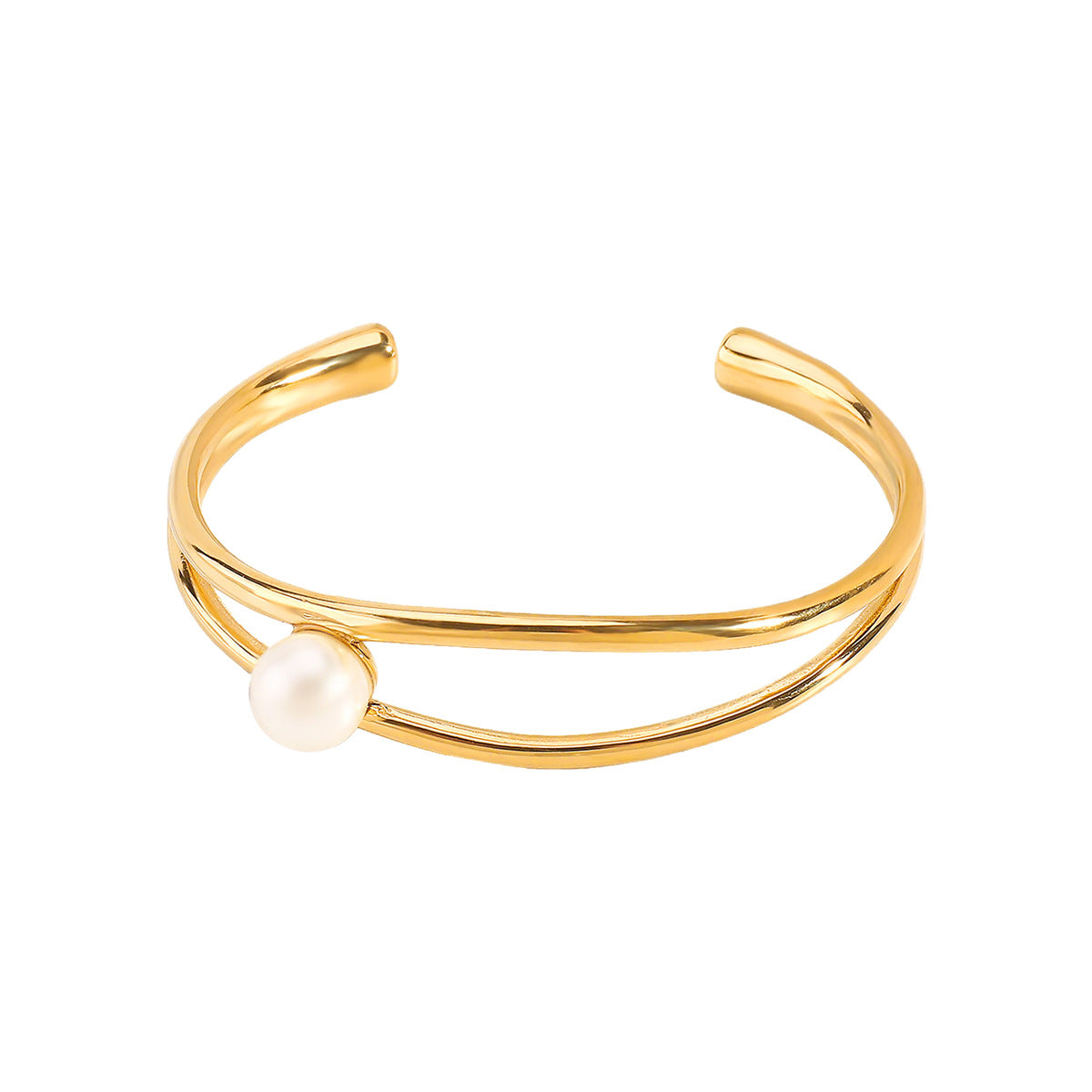 Bracciale Rigido Aperto Geometrico Minimalista in Acciaio Inox con Strass e Perle Sintetiche, Finitura Galvanizzata