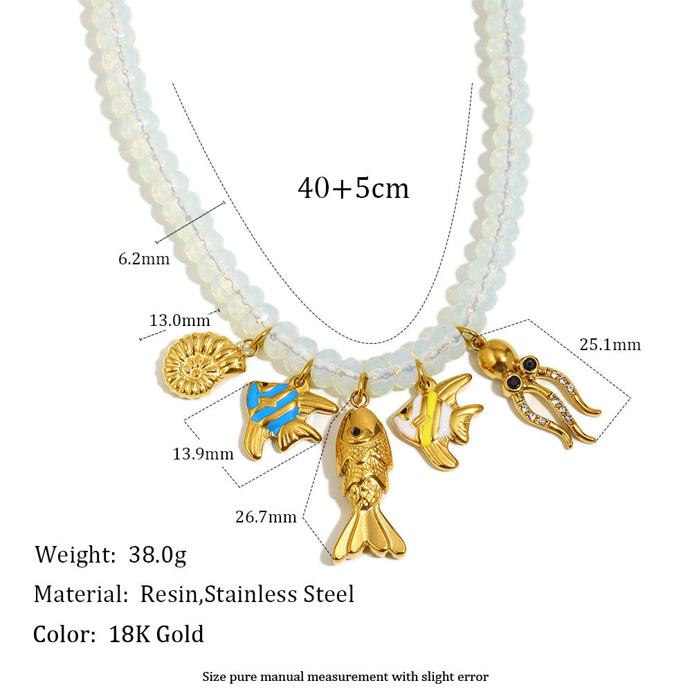 Minimalist Geometric Stainless Steel Plated 18K Gold Opal Ocean Life Pendant Necklace for Women