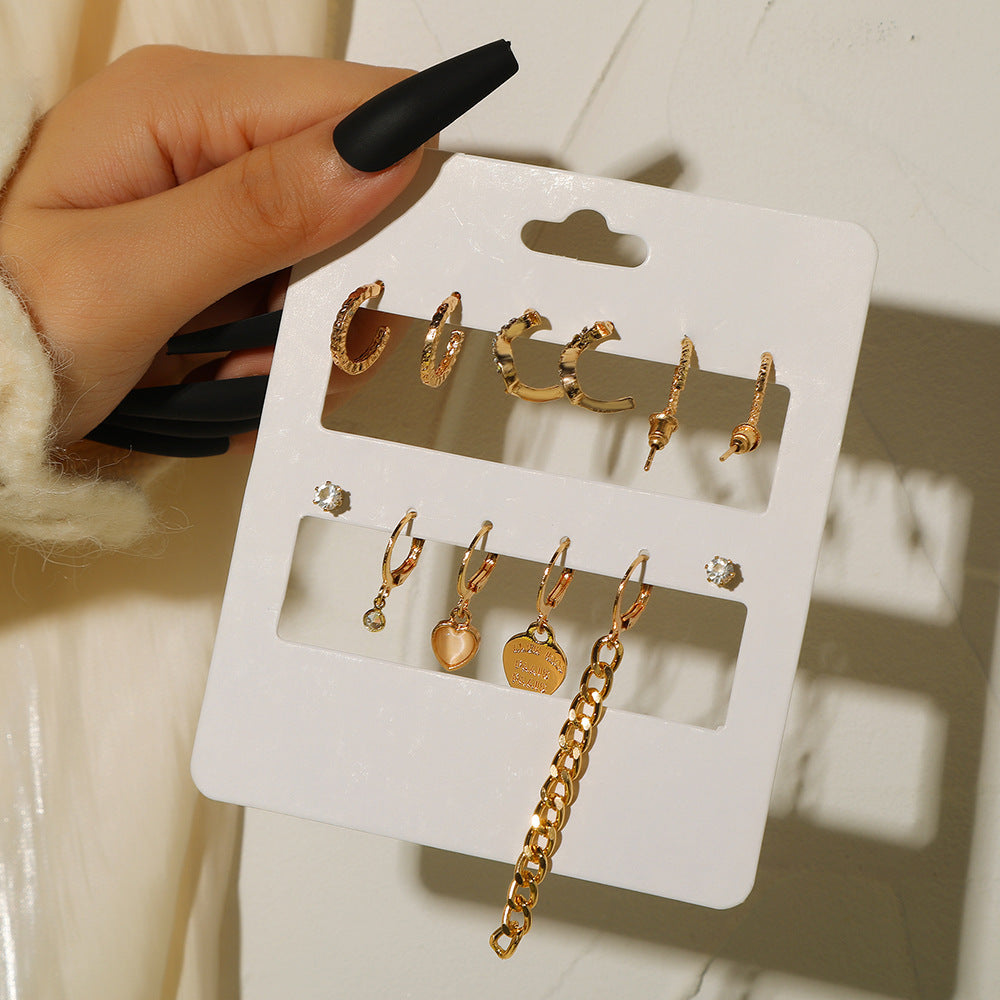 Vintage Geometric Heart Square Alloy Earring Set with Pearl and Rhinestone Tassel C-Hoop