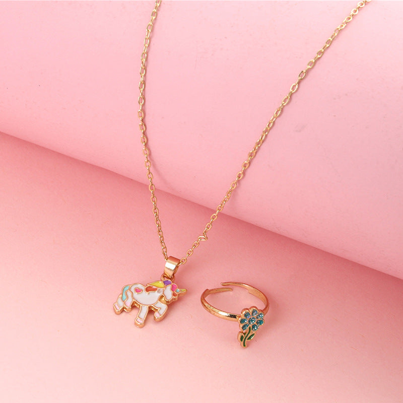 Conjunto de collar y anillo de unicornio de dibujos animados para niños, joyería de aleación con acabado de esmalte, collares y anillos infantiles con forma de animal