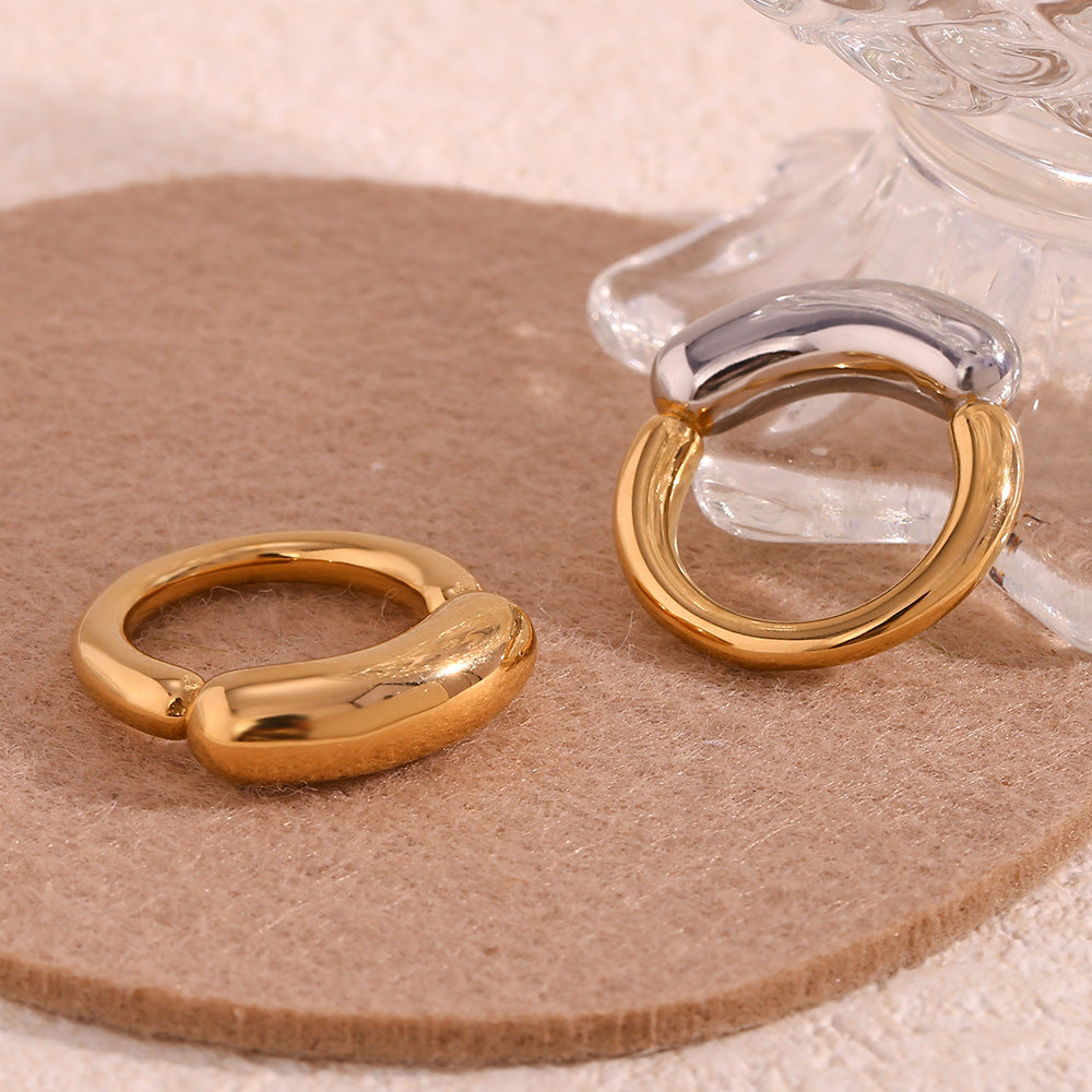 Minimalist Geometric Titanium Steel Ring with 18K Gold Plating and Contrasting Thick Band Smile Design