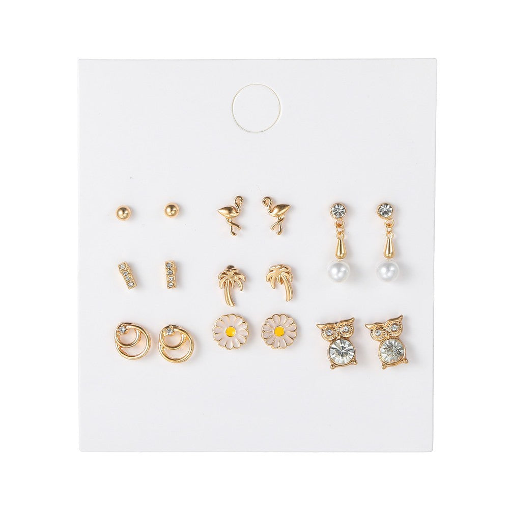 Vintage Sweet Heart Geometric Floral Rhinestone Inlay Alloy Stud Earrings Set