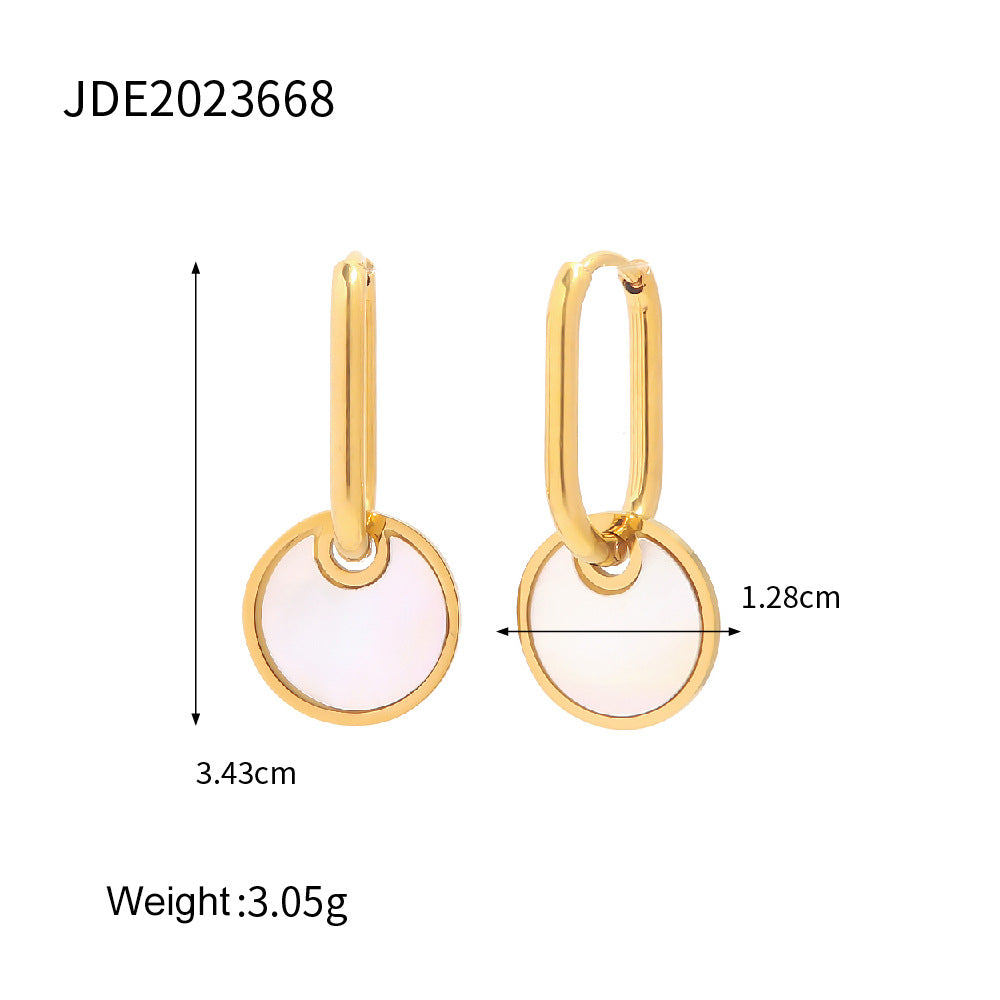 Minimalist Geometric Titanium Steel Earrings with 18K White Mother-of-Pearl Round Pendants Electroplated Finish