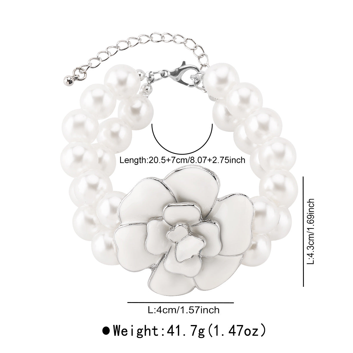 Retro French Style Camellia-Shaped Handcrafted Enamel Alloy Bracelet and Necklace Set for Women with Pearl Chain