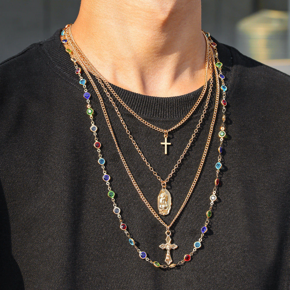Colorful Rhinestone Cross Geometric Pendant Necklace Set with Cable Chain