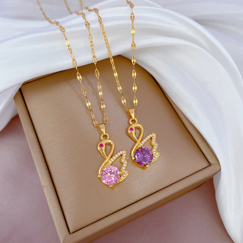 Luxury Swan Pendant Necklace for Women Titanium Steel Geometric Inlaid Rhinestone Clavicle Chain with Plated Finish