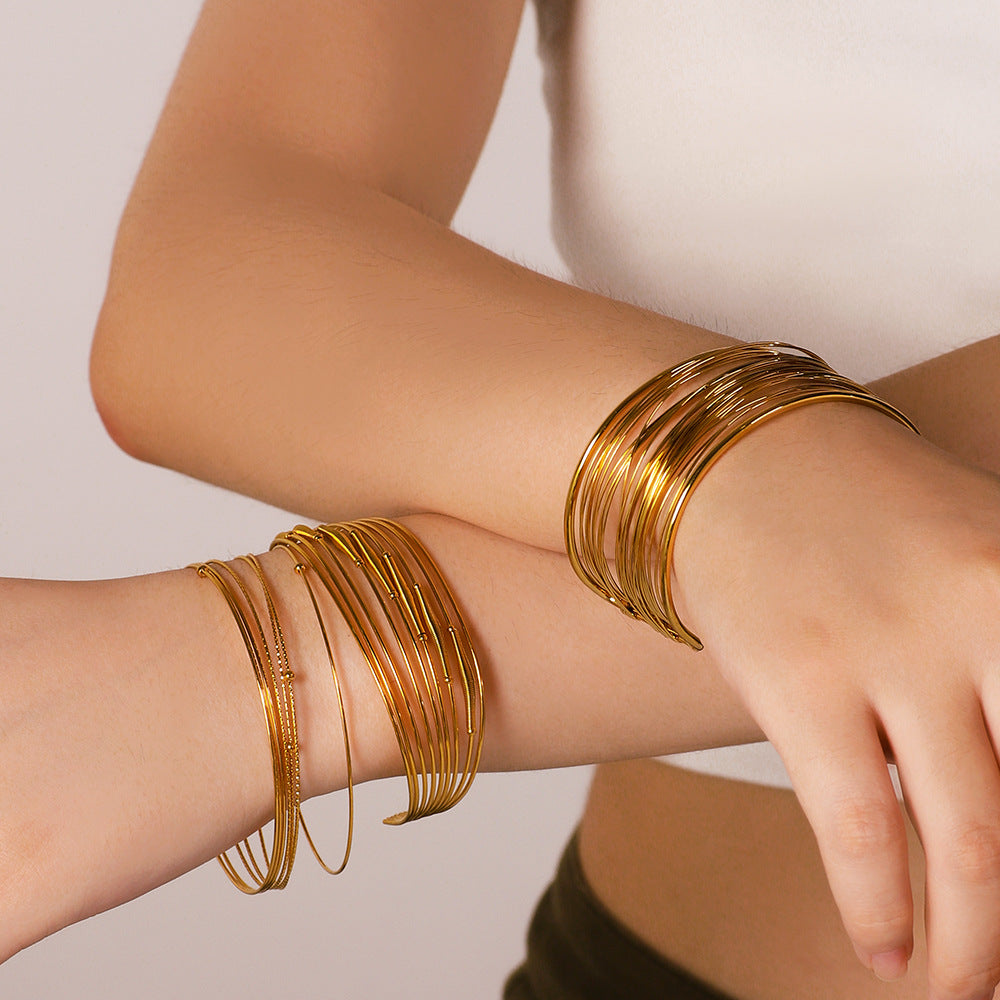 Minimalist Stainless Steel Multi-Layer Line Bracelet with 18K Gold Plating for Women
