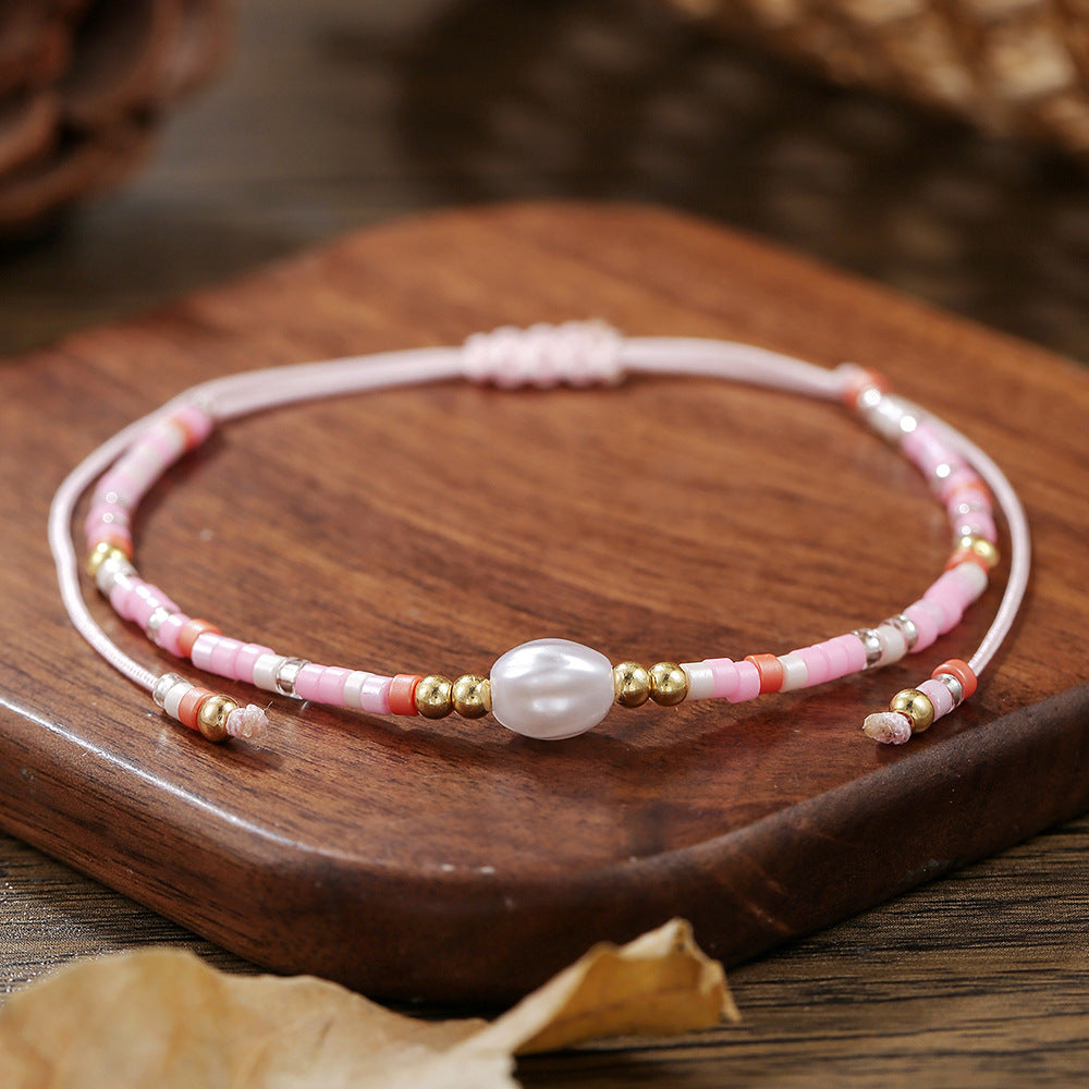 Bohemian Style Adjustable Braided Pearl Beaded Bracelet for Women with Rice Beads and Geometric Design