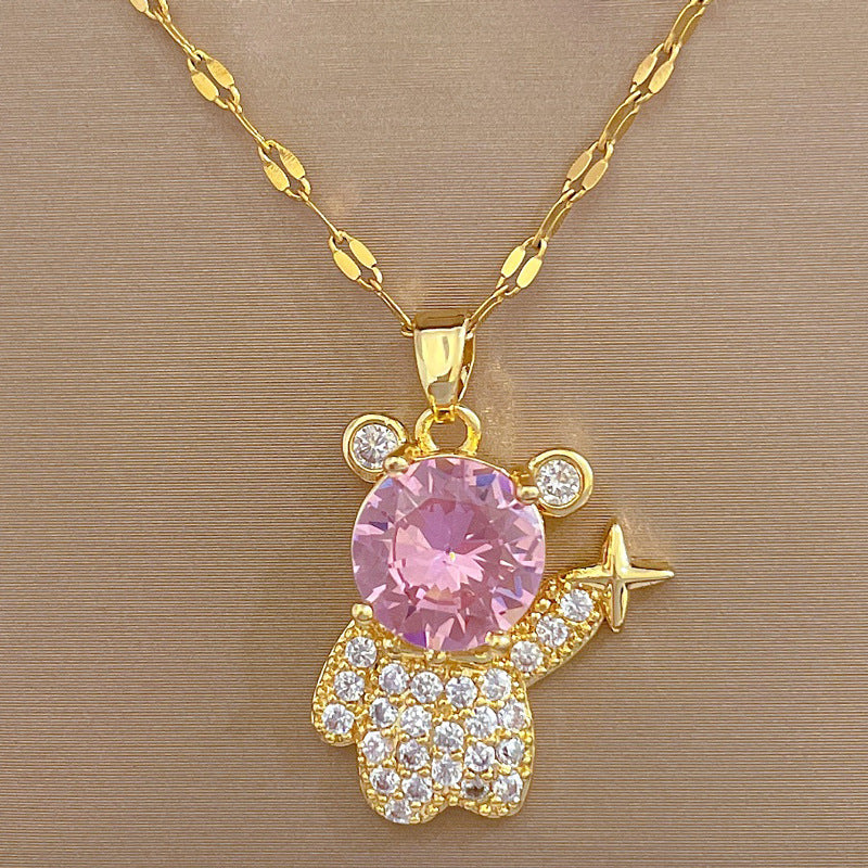 Minimalist Star and Bear Pendant Necklace for Women Stainless Steel Chain with Rhinestone Accents Lightweight Elegant Clavicle Chain