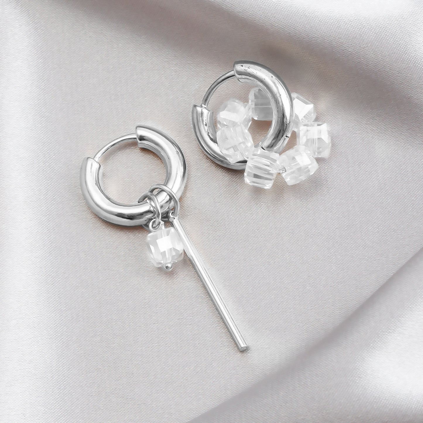 Geometric Asymmetrical Long Bar Crystal Beaded Hoop Earrings in Metal with Electroplating Finish