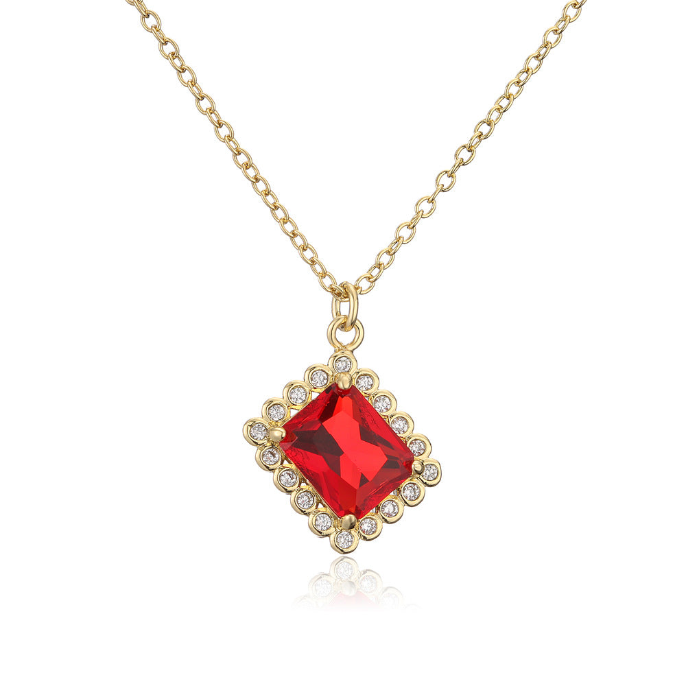 INS Style Geometric Green Zircon Pendant Necklace for Women with Copper Base and 18K Gold Plating