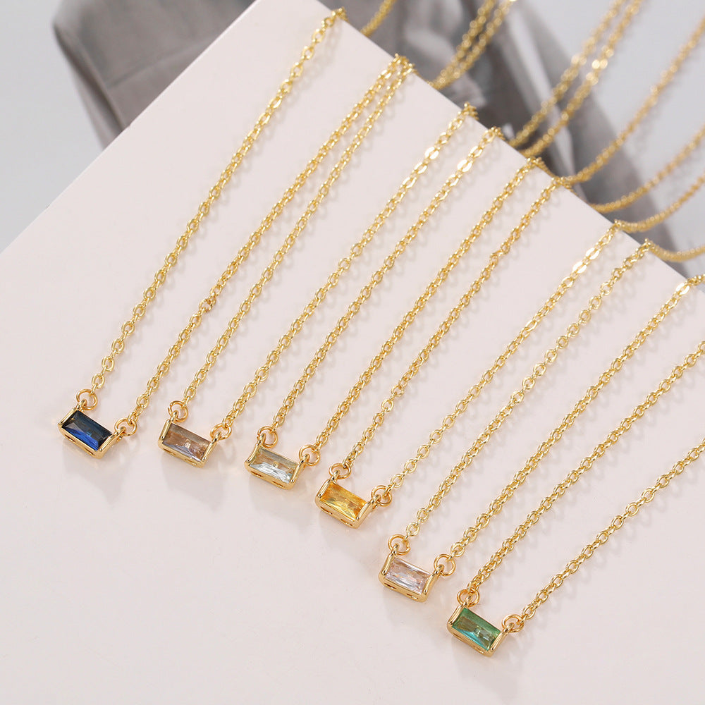 Fashionable Square Birthstone Pendant Necklace in Copper with Gold Plating and Zirconia for Women