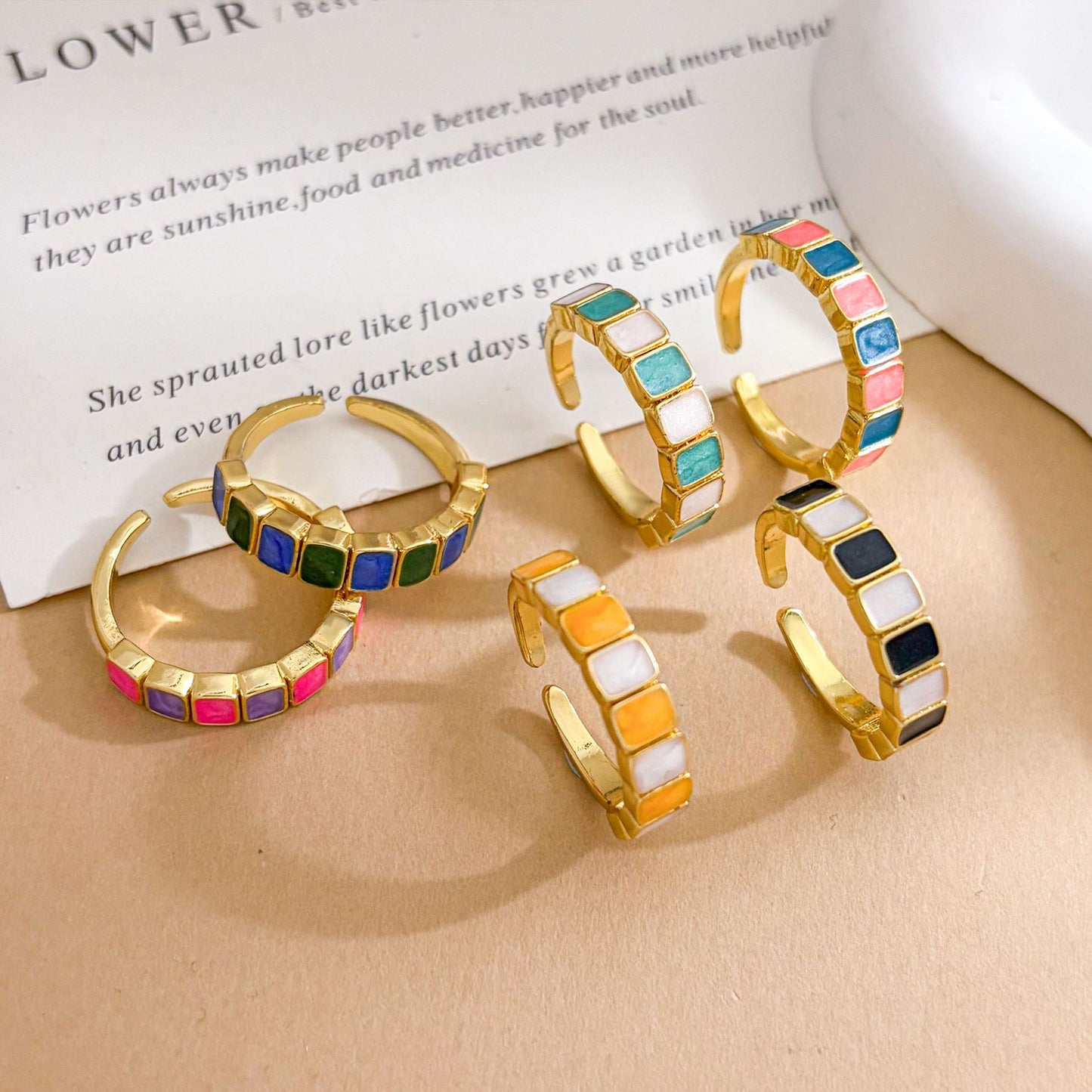 Minimalist Sweet Square Geometric Enamel Gold Plated Brass Ring for Women Adjustable