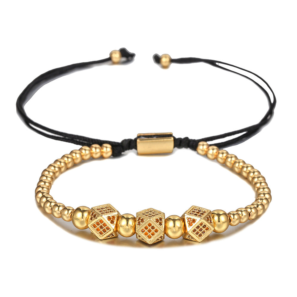 Unique Geometric Handmade Brass Bracelet with Cubic Zirconia and Adjustable Beads