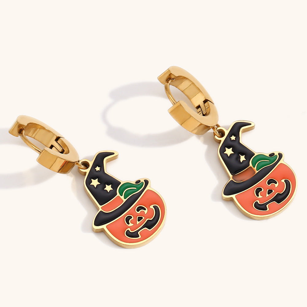 Orecchini a forma di teschio di zucca carini per Halloween in acciaio inossidabile con placcatura in oro 18 carati, design geometrico, stile ufficio alla moda