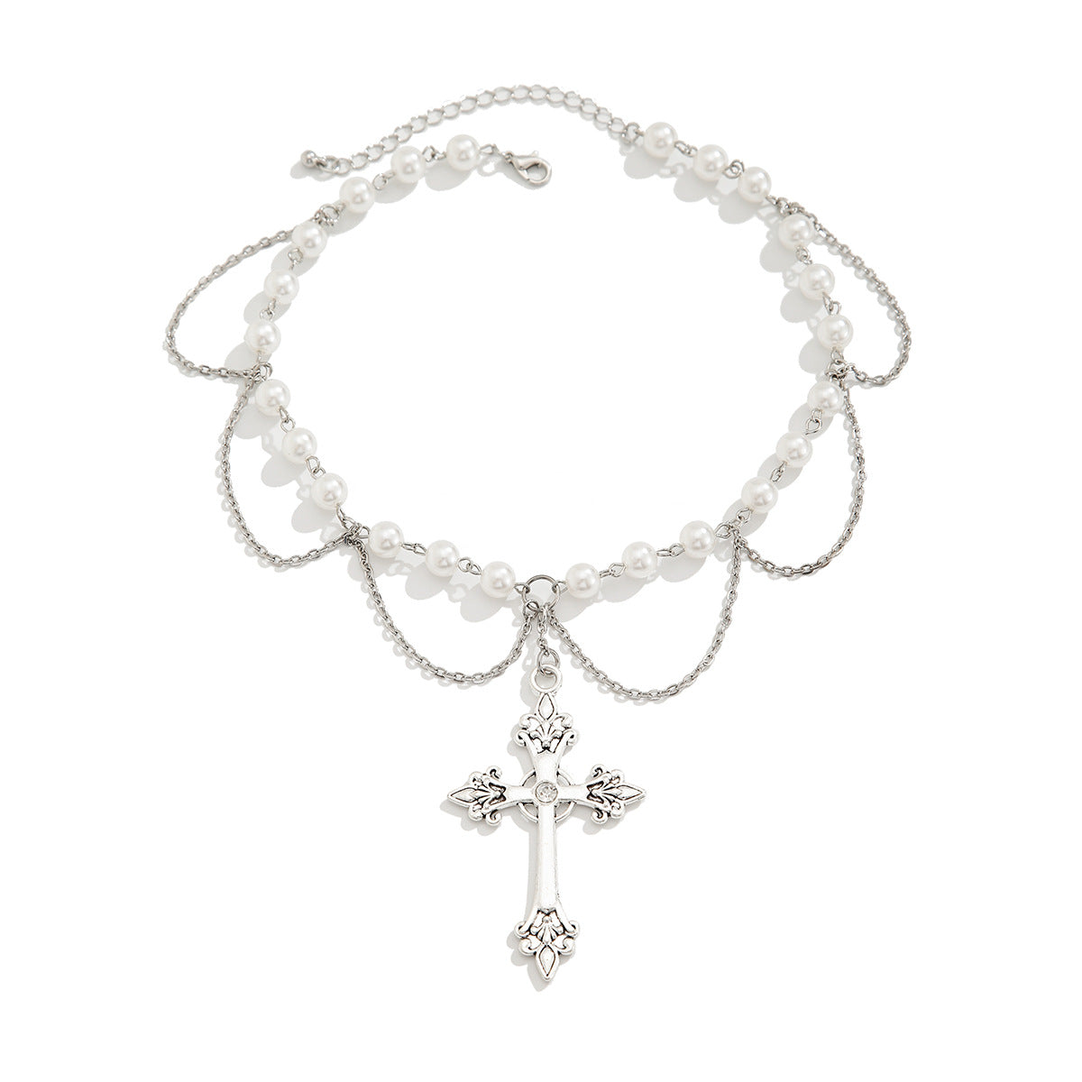 Minimalist Punk Cross Pearl Beaded Pendant Necklace Zinc Alloy Plated Women's Jewelry